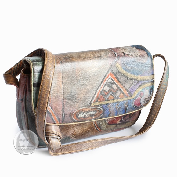 Jane Yoo Bag Crossbody Distressed Leather Handpainted Wearable Art Flap Bag - Picture 3 of 9